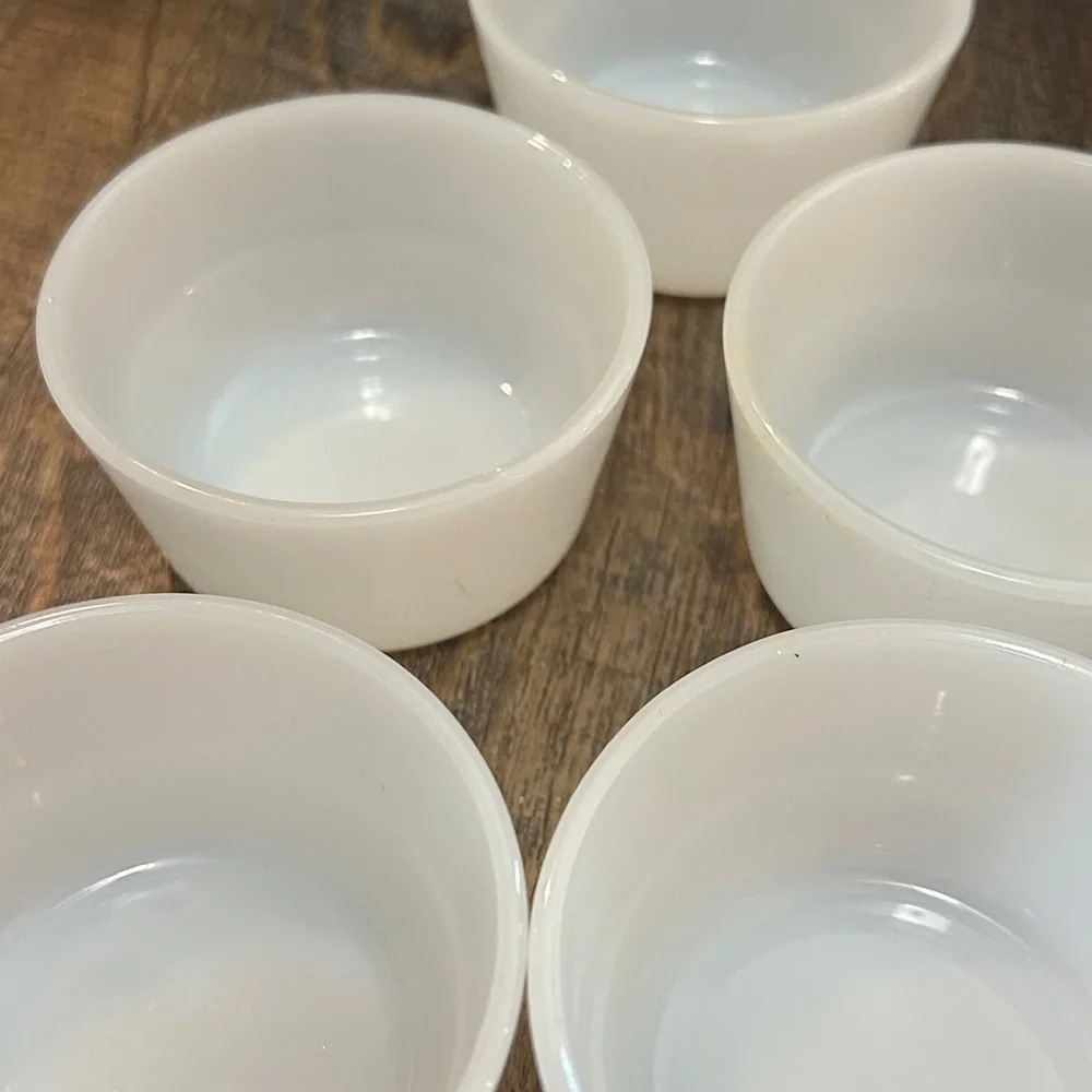 Glasbake Custard Cups White Milk Glass 5 Ramekin Dessert Prep Bowls MCM - Picture 7 of 8